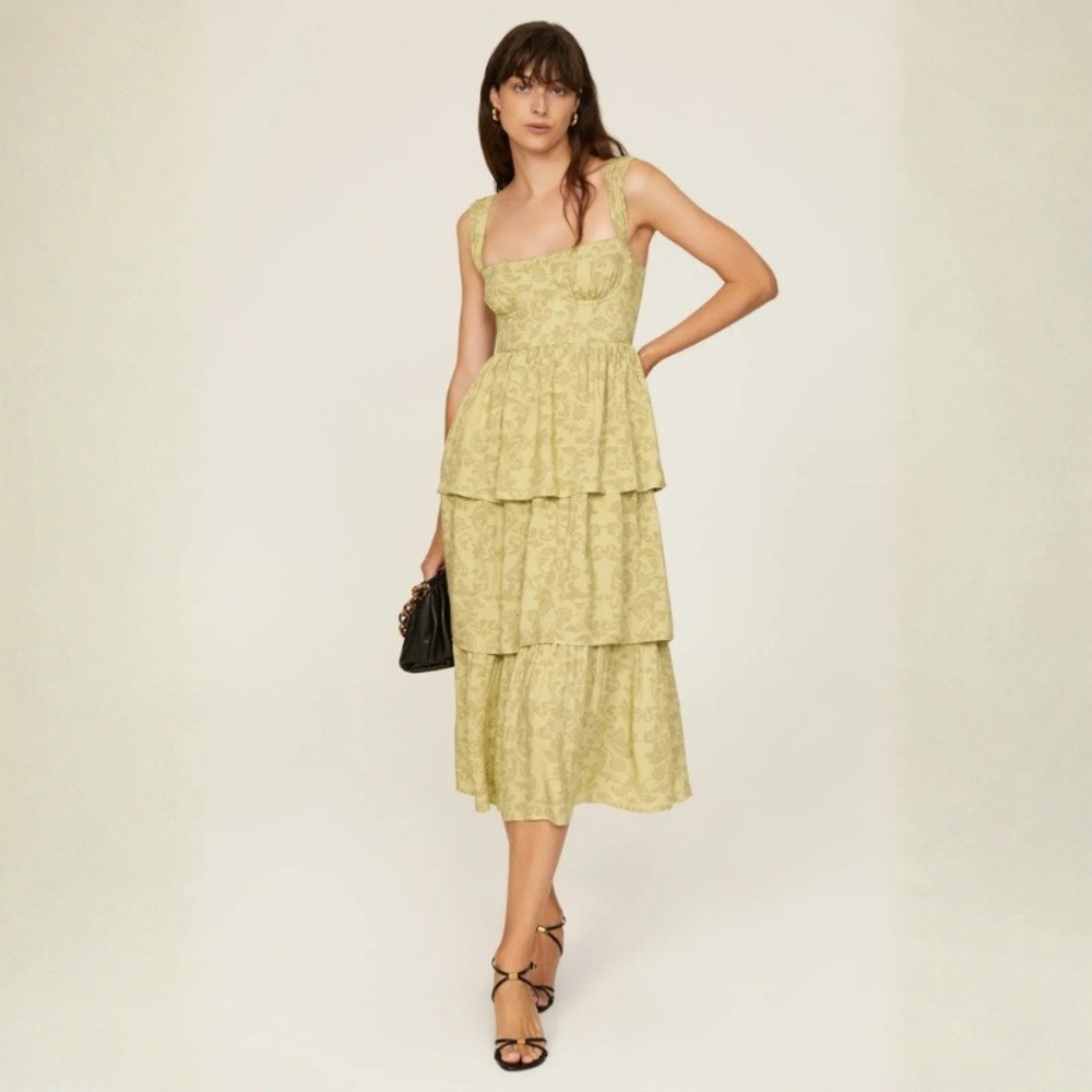 WeWoreWhat Yellow Floral Corset Dress Tiered Damask Midi Bustier‎ Size 2